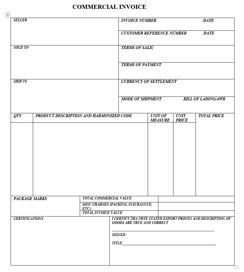 commercial invoice sample export gov